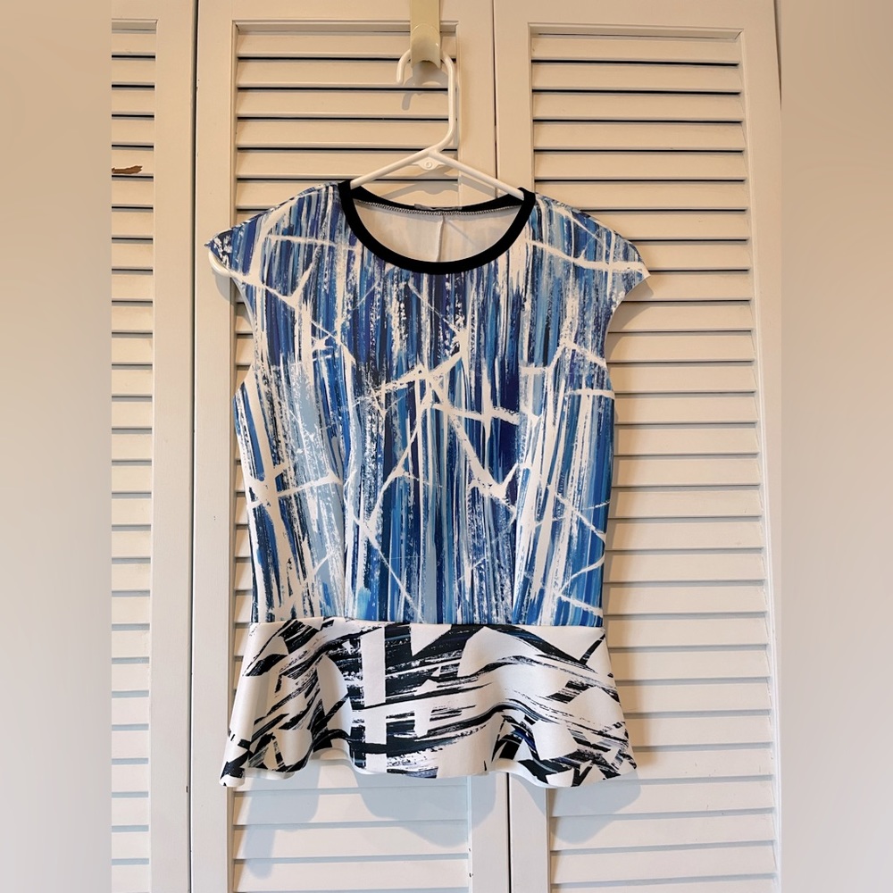 ZARA Blue White Abstract Print Scuba Cap Sleeve Peplum Top